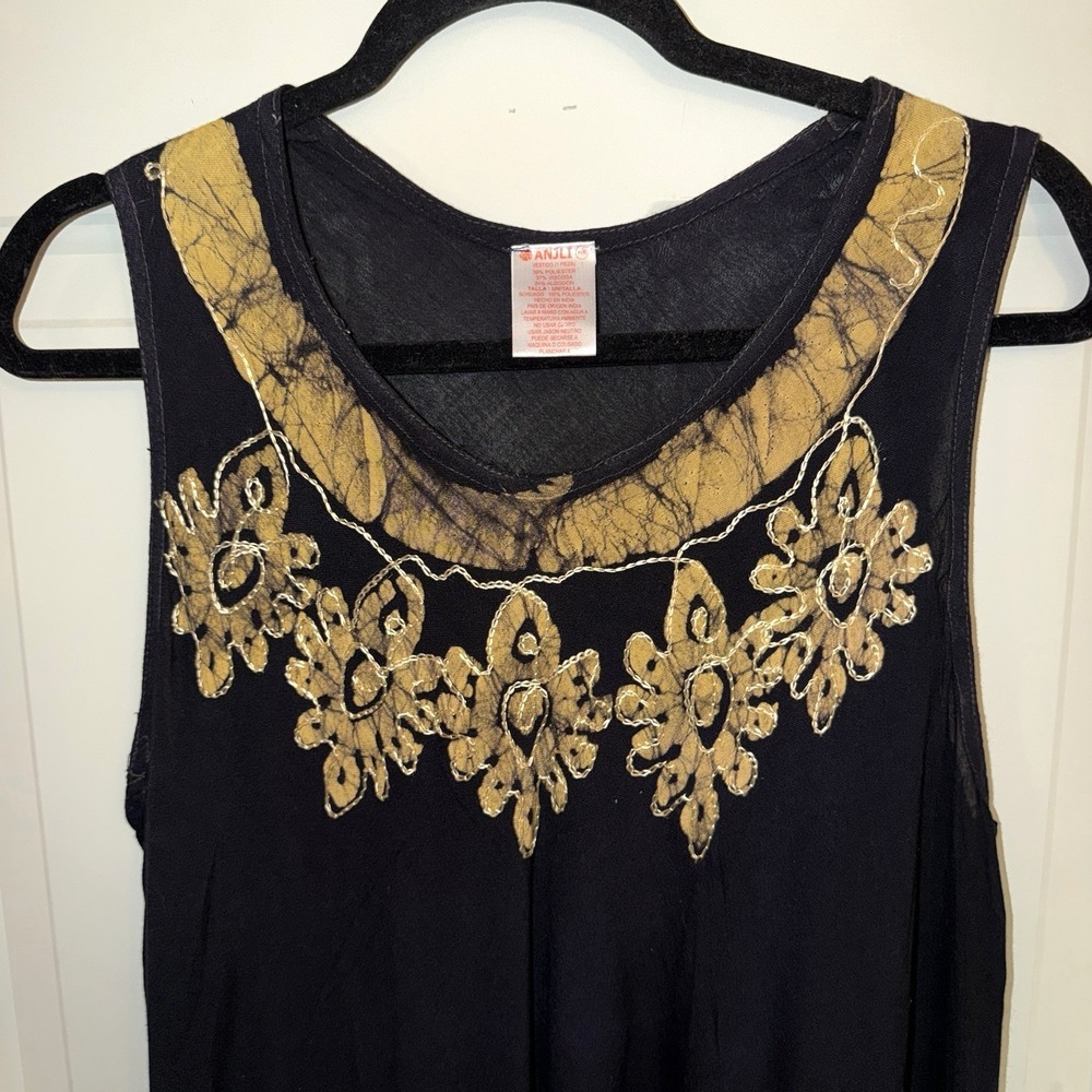 ANJLI Black Gold Batik Paisley Tunic Dress Womens Medium Boho Sleeveless Flowy - Picture 2 of 11